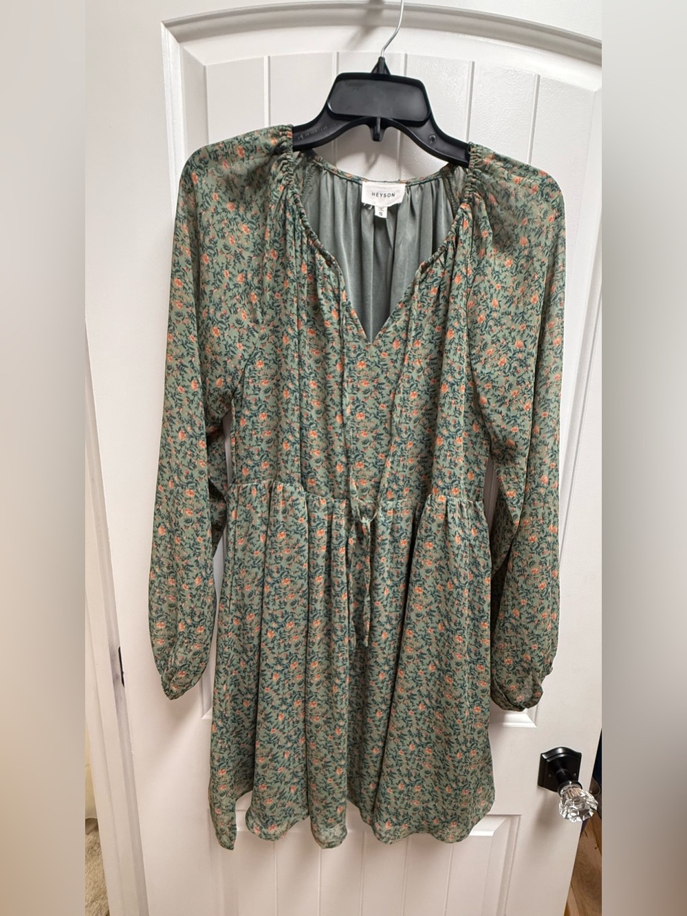 Heyson Sage Green Ditsy Floral Long Sleeve Boho Mini Dress Size Small Lined